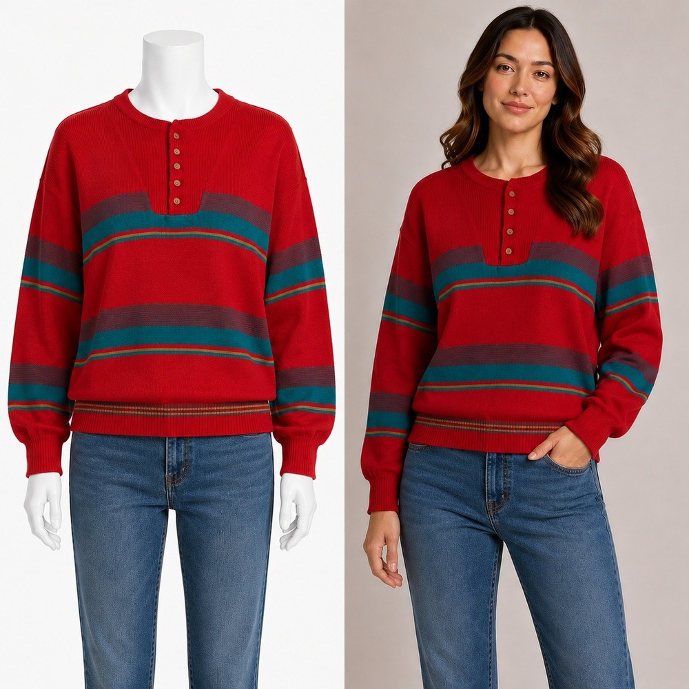 Matrix Sweater Womens XL Red Striped Henley Vintage 90s Ribbed Knit Long Sleeve